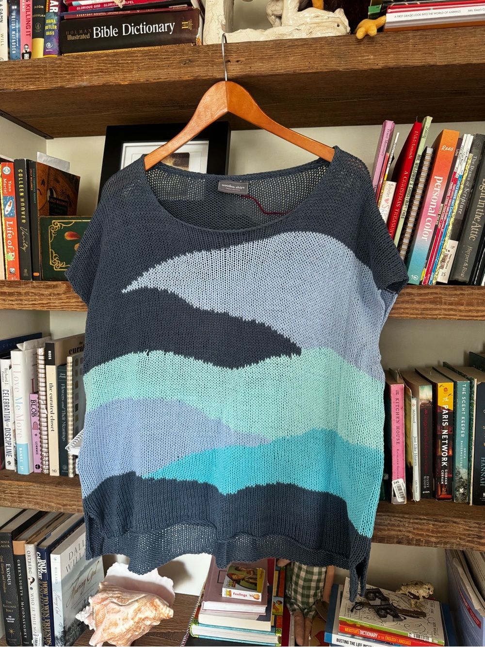 Wooden Ships Navy, Light Blue and Aqua Colorblock Off-the-Shoulder Sweater